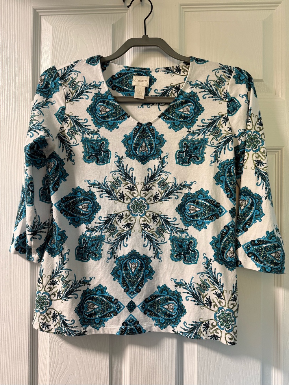 Chico's V-neck White Top with Teal & Navy Medallion Print Chico’s sizing 1